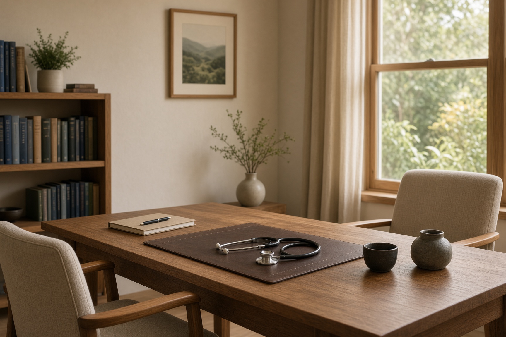 A quiet consulting room with timber desk and morning light