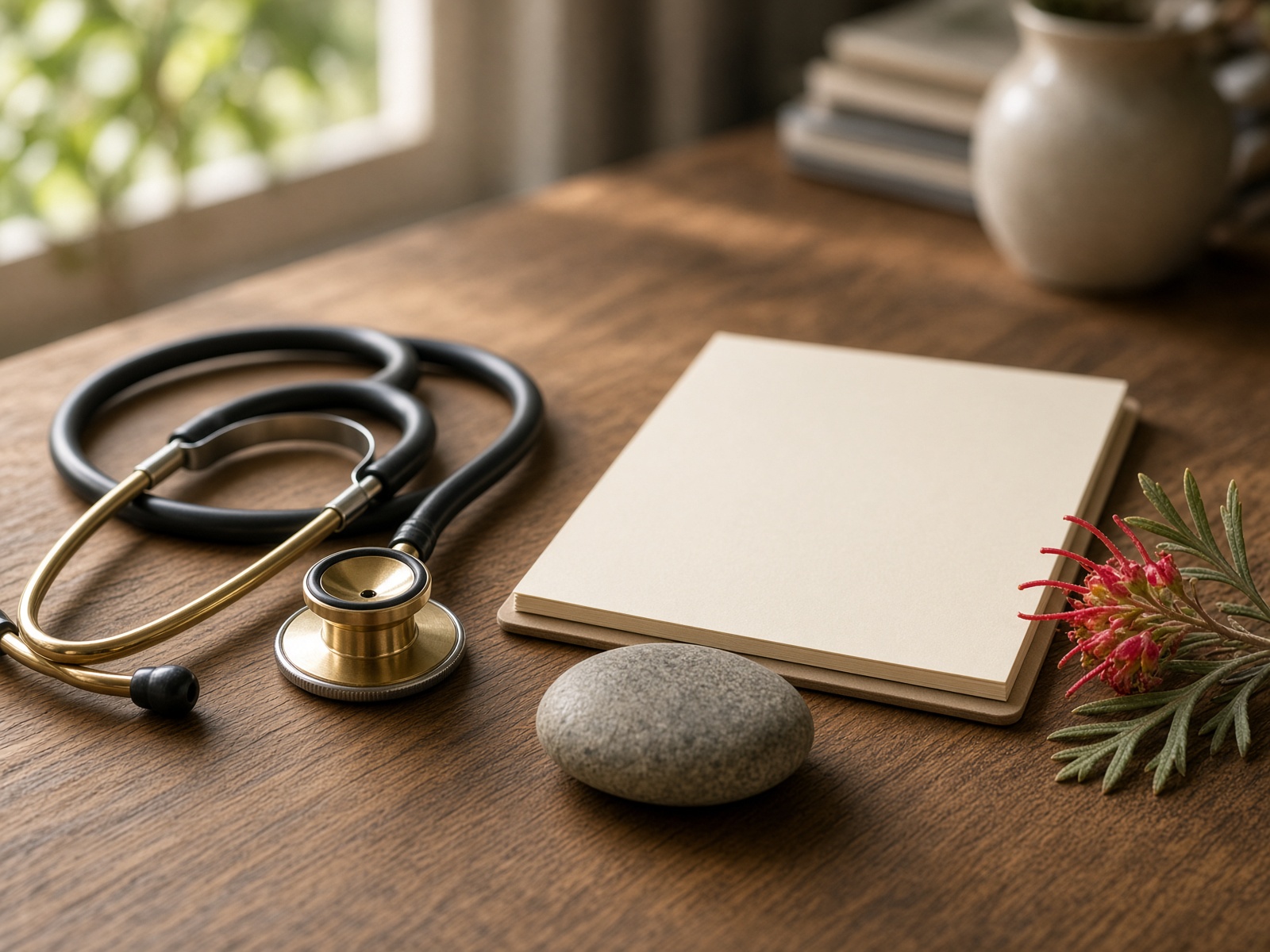 Stethoscope and river stone on a timber desk