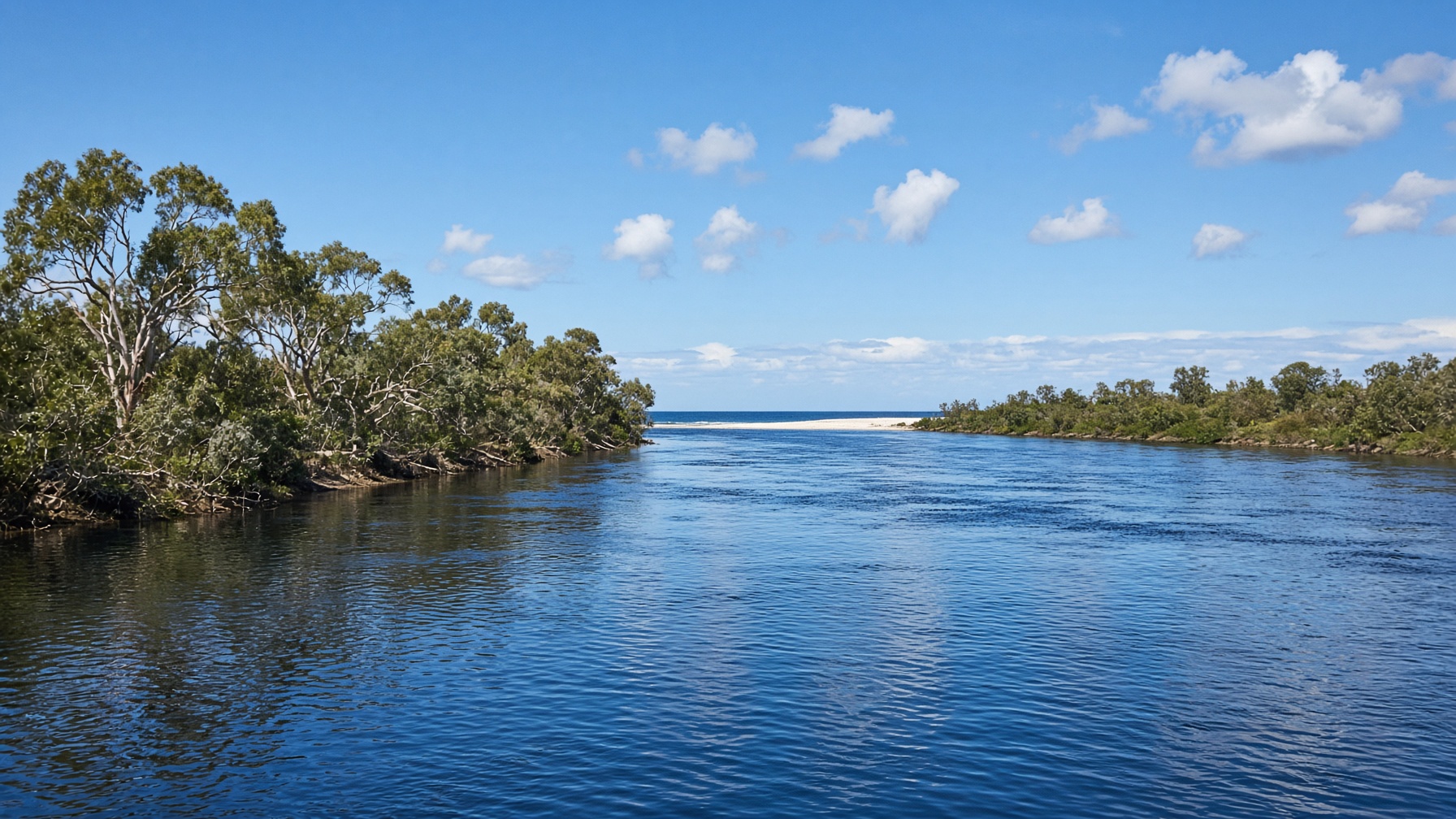Blue Northern Rivers waterway under a clear morning sky